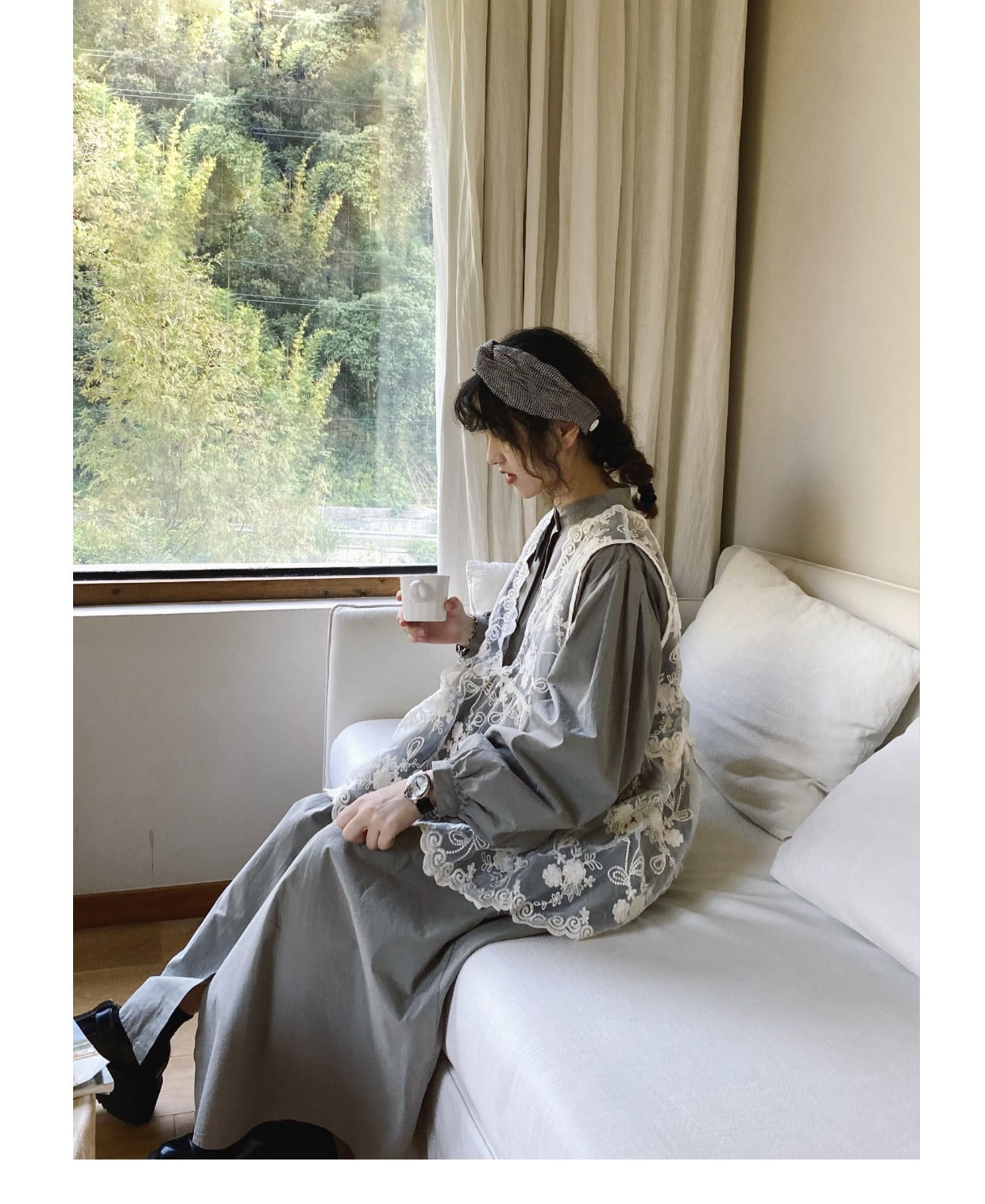 美しいタックデザイン△タイプライターコットン アンティークデザイン ロングスモック ワンピース△