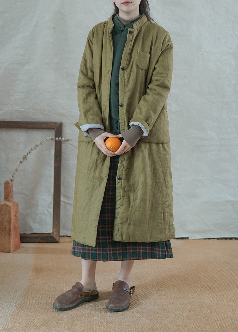 3色展開◇秋冬に大活躍◇スタンドカラー リネン中綿 ロングコート◇