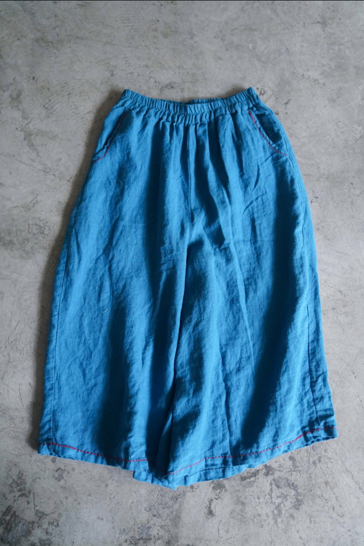ブルーの鮮やかな色味にハンドステッチ刺繍が映える◇リネンコットンイージーパンツ◇