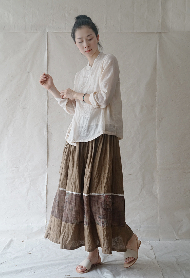 ◇控えめなフリルネックで品のあるシックなアジアンスタイル◇ラップラミーシャツ◇