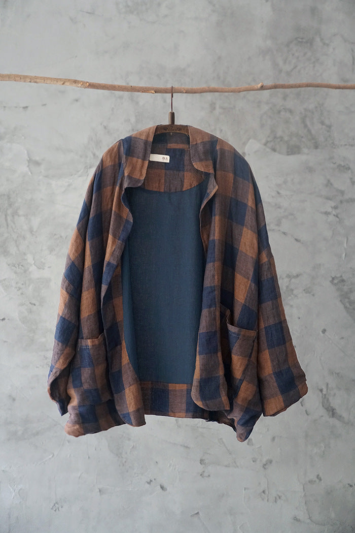リネンブロックチェック ドロップショルダー ライトシャツジャケット◇