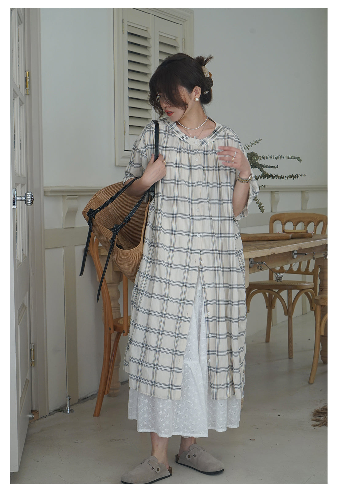 ◇コットンガーゼゆったりシルエット前開き開き ウィンドウペン柄ワンピース◇