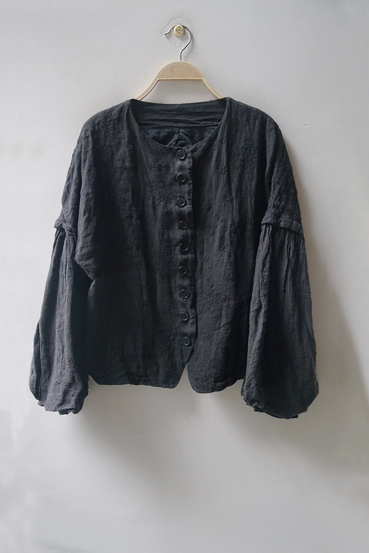 3色展開△ボタニック同色刺繍がエレガント▽リネンノーカラードロップショルダージャケット△裏地付き