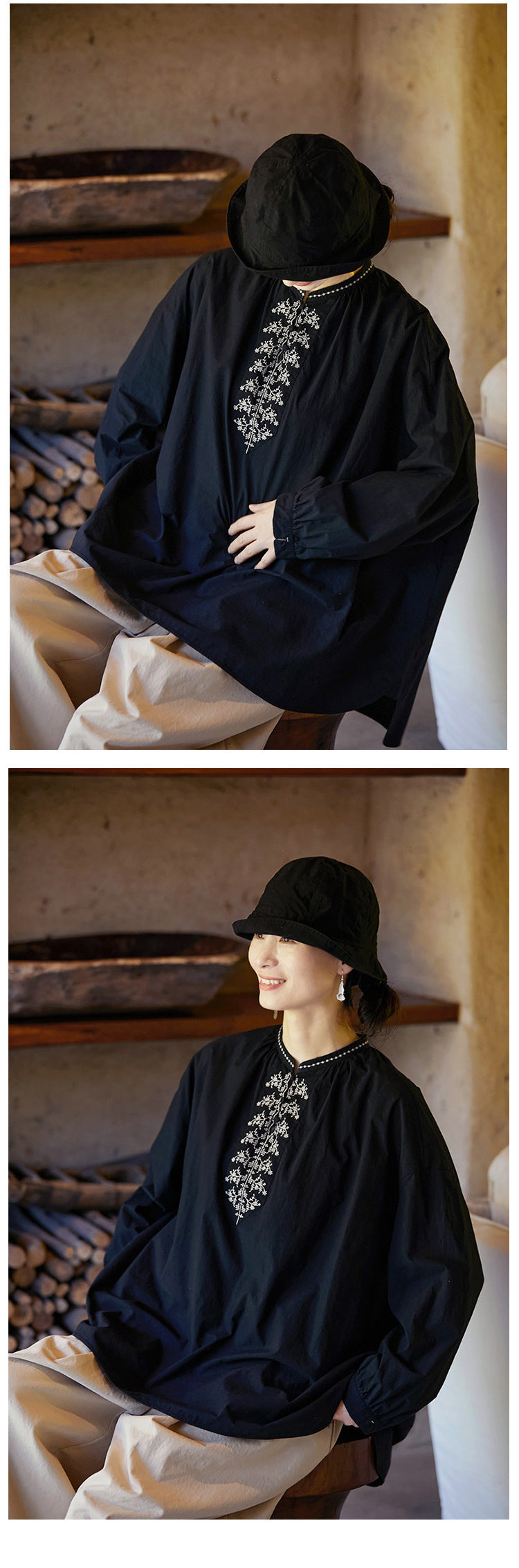 ✩ゆったり刺繍コットンギャザー ドロップショルダー プルオーバーシャツ✩