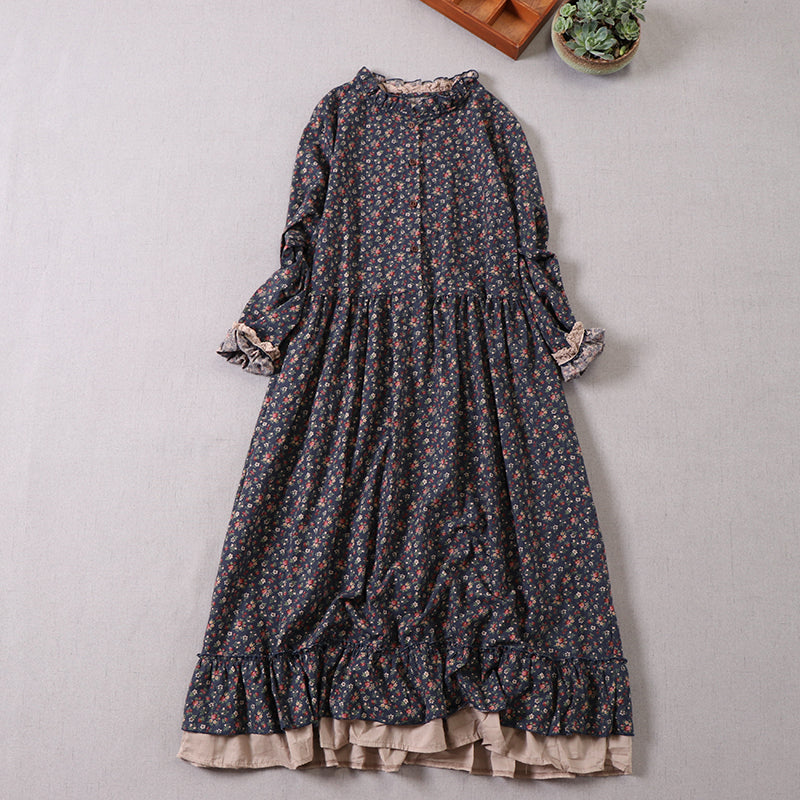 かわいい小花柄に細かなウエストギャザー&レース切り替えがポイント☆フリルネック ロングドレス☆ネイビー