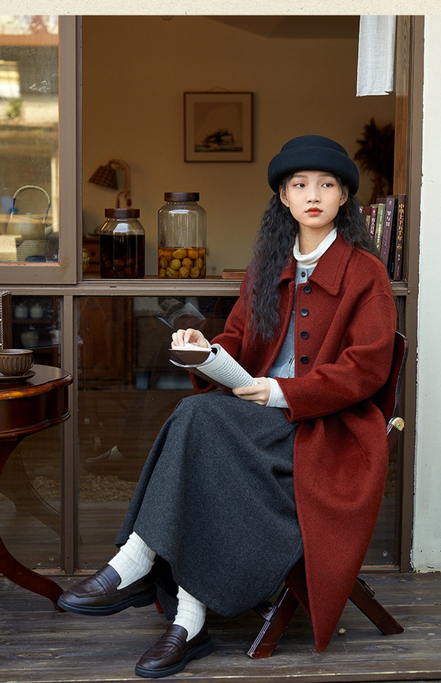 2色展開◇ダブルフェイスウールで裏地なしでも暖か◇オーストラリア産シャギーウール ステンカラーコート◇