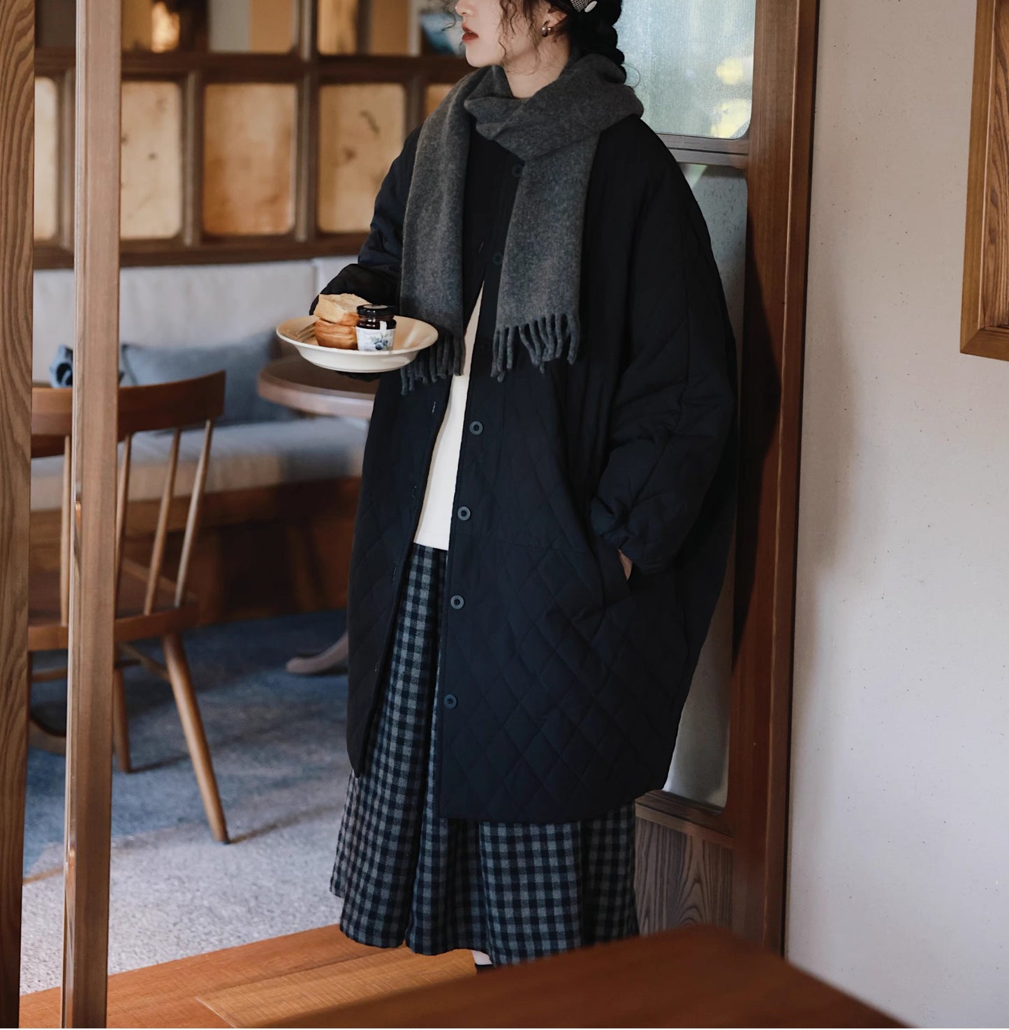 ◇保温性もあって秋冬に大活躍◇ドロップショルダー ノーカラー 中綿ライナー ロングコート◇