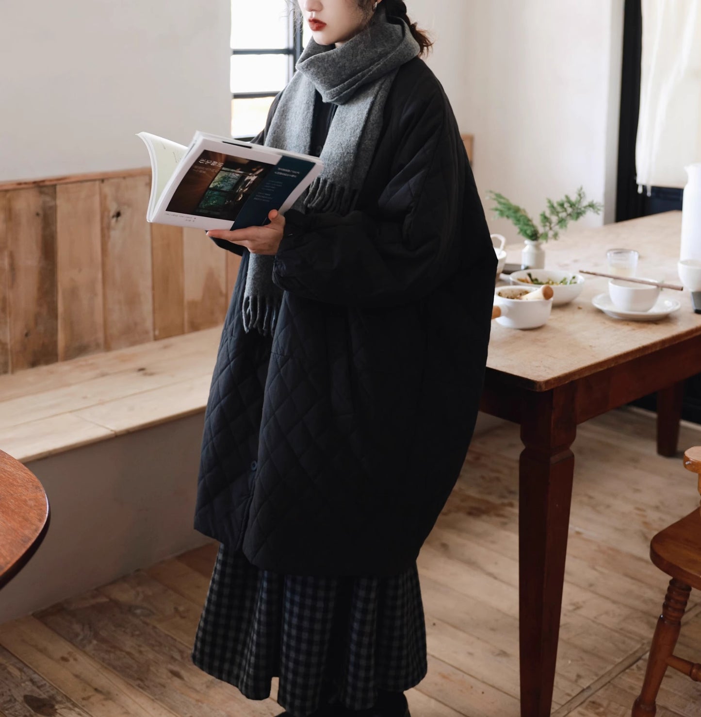 ◇保温性もあって秋冬に大活躍◇ドロップショルダー ノーカラー 中綿ライナー ロングコート◇