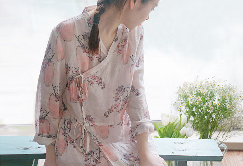 ◇水彩プリントが美しい◇ラミーカシュクールラップシャツ ◇