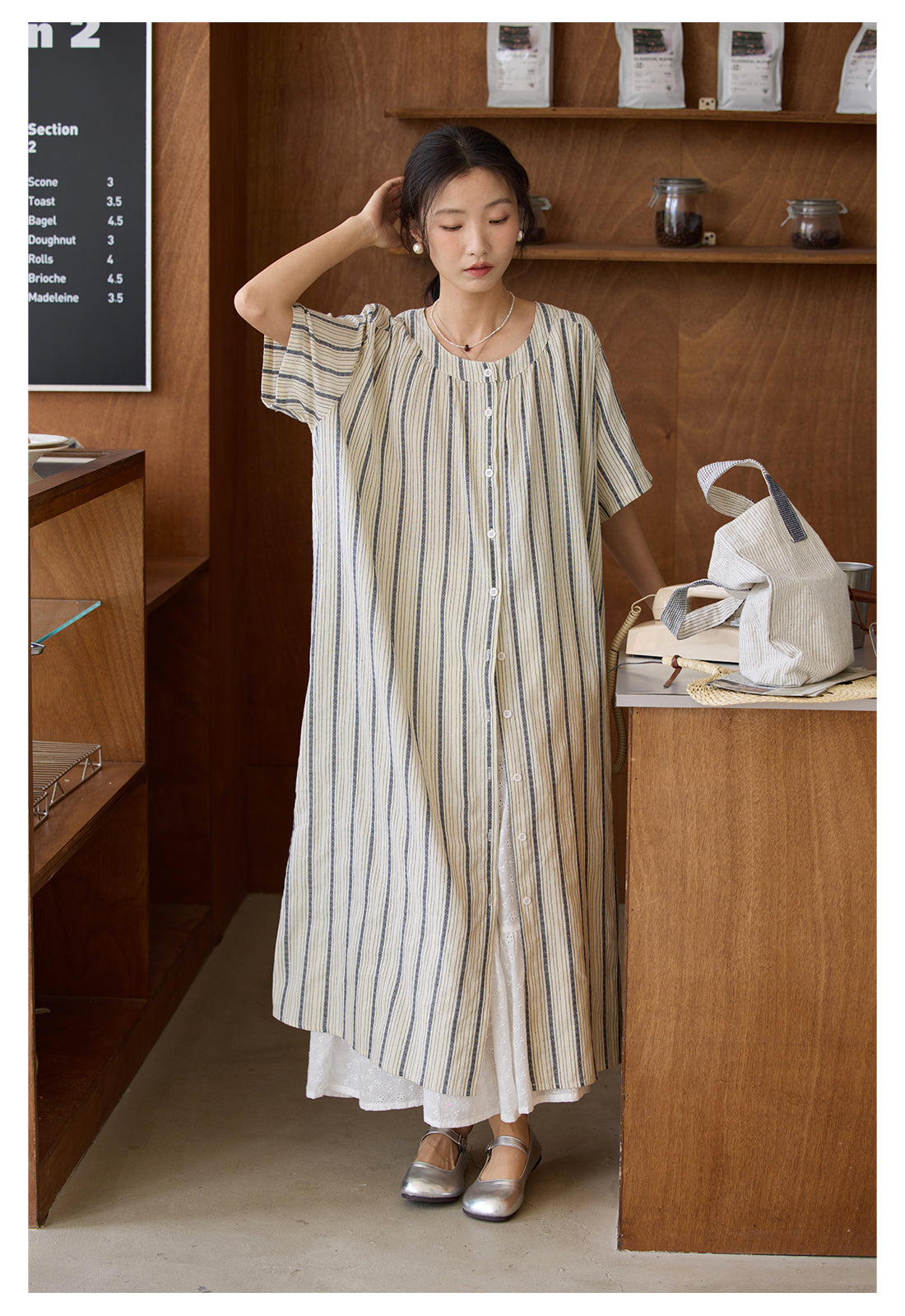 ◇ダイヤモンド型の織柄◇コットンリネンゆったりシルエット前開き開き ストライプワンピース◇
