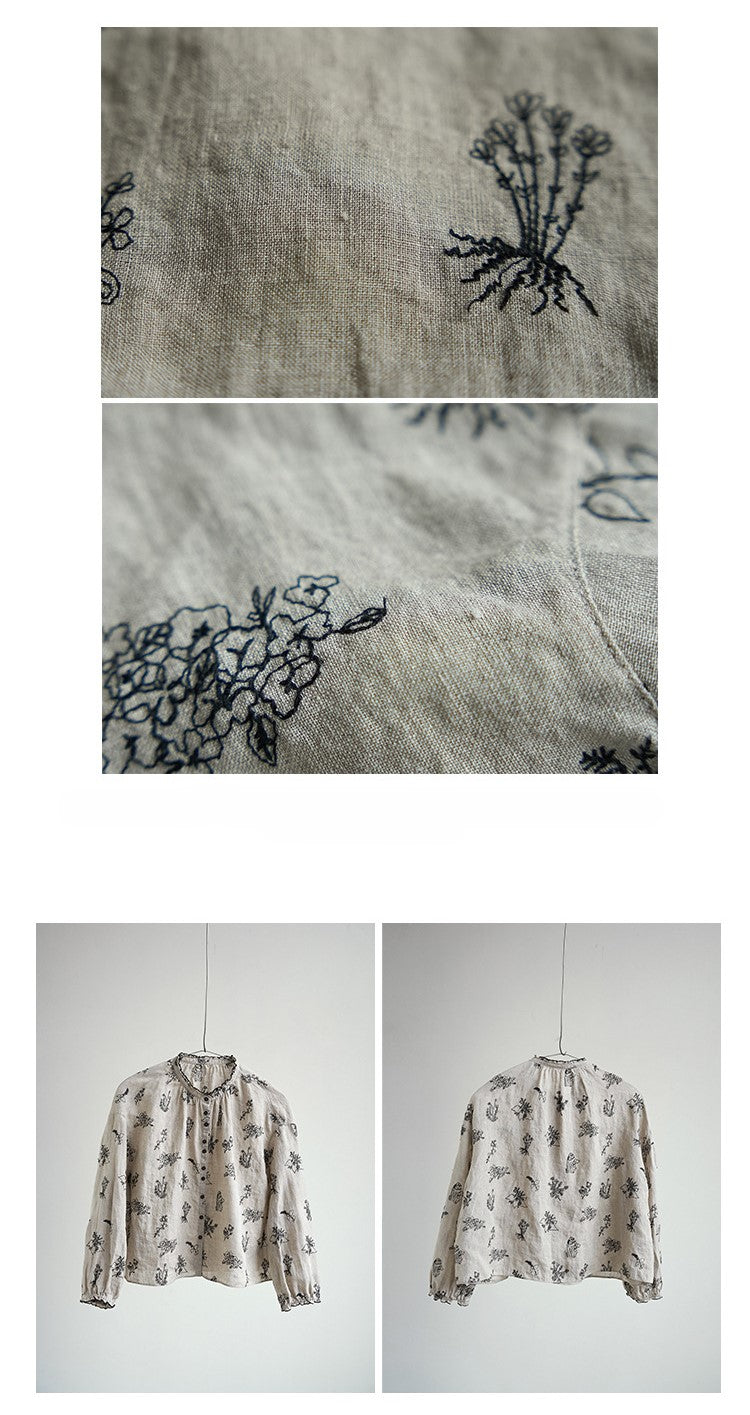 ◇リネン刺繍 ドロップショルダー フリルネックシャツ◇