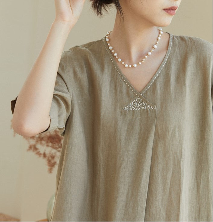 ハンドステッチ刺繍がデザインポイントに☆質の良いリネン半袖ドロップショルダーロングワンピース☆