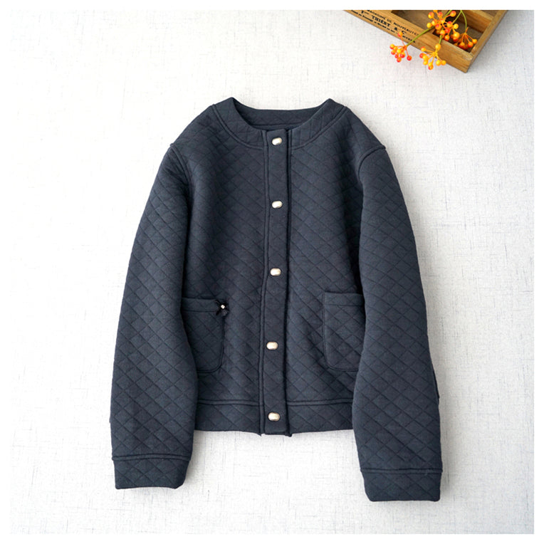 2色展開◇秋冬に大活躍◇キルティングコットン中綿 ノーカラージャケット◇