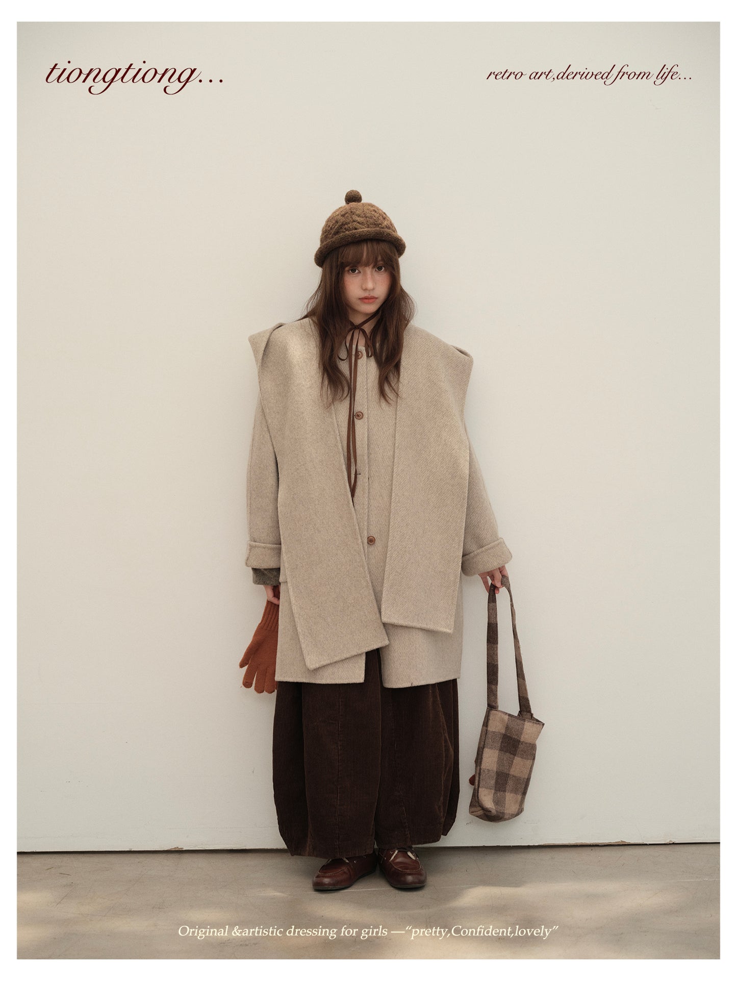 △ダブルフェイスメリノウールで暖か ドルマンスリーブゆったり ノーカラーコート△マフラー付き