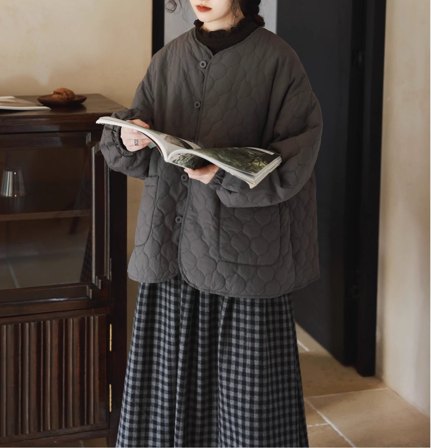 ◇秋冬に大活躍◇キルティングコットン中綿 ノーカラーライナージャケット◇