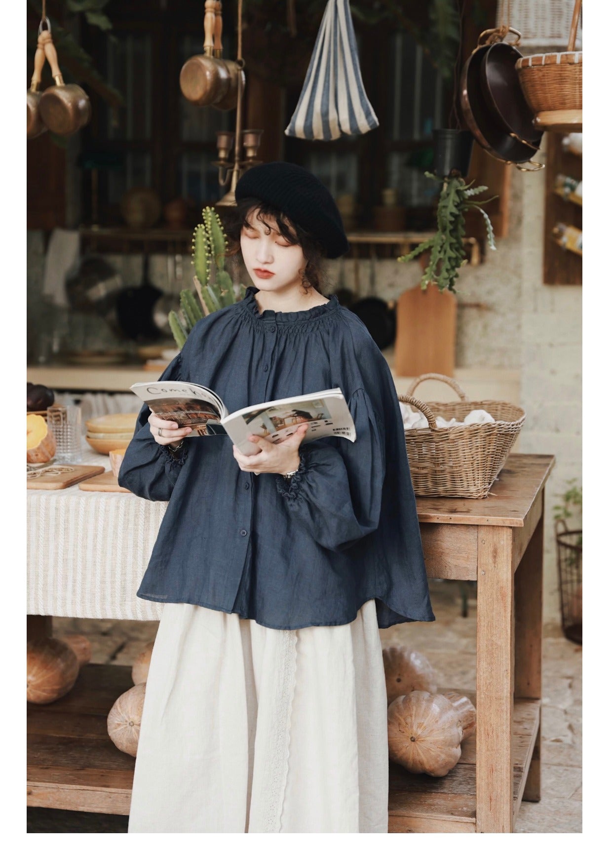 ☆品のあるギャザー使い☆ドロップショルダー リネンシャツ☆