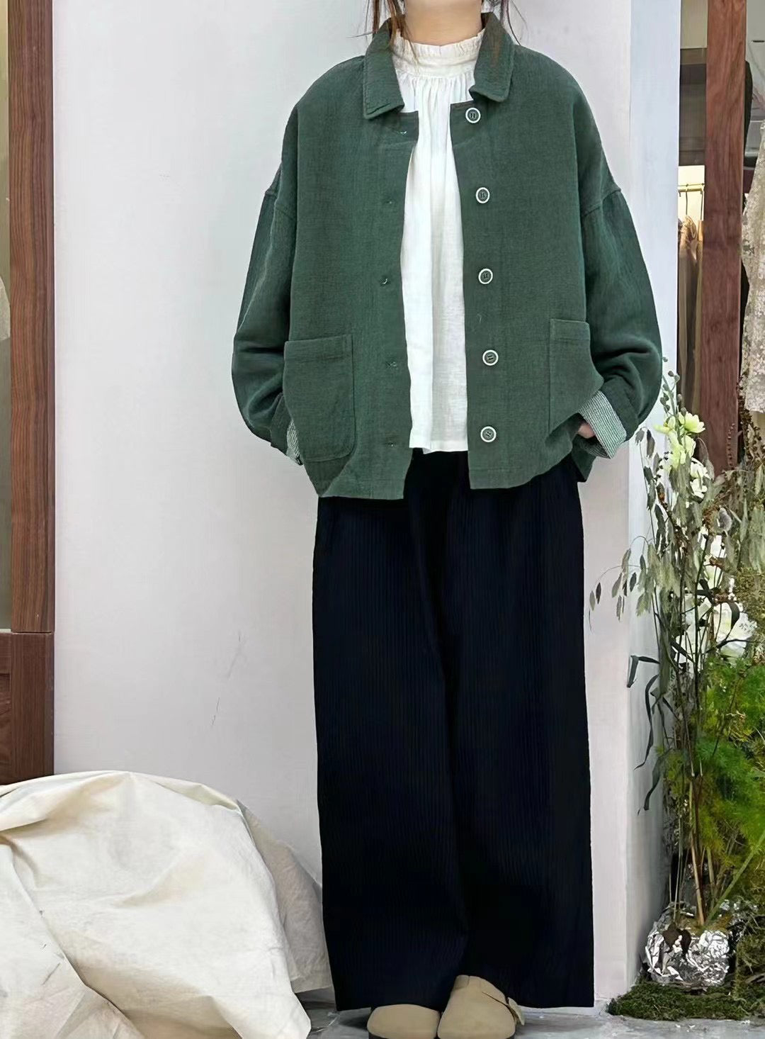 2色展開◇ドロップショルダー リネン ショートジャケット◇ 裏地付き