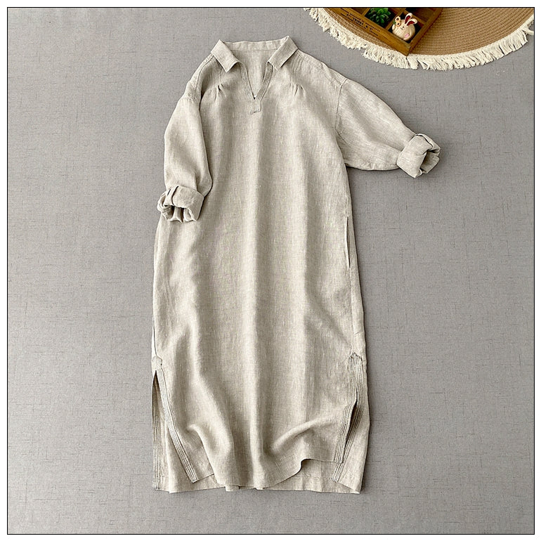 2色展開✩リネン スキッパースモック ワンピース✩