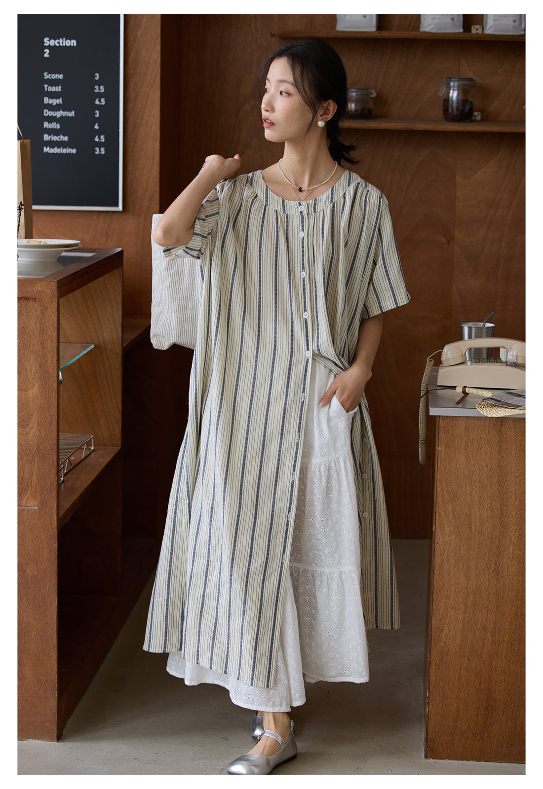 ◇ダイヤモンド型の織柄◇コットンリネンゆったりシルエット前開き開き ストライプワンピース◇