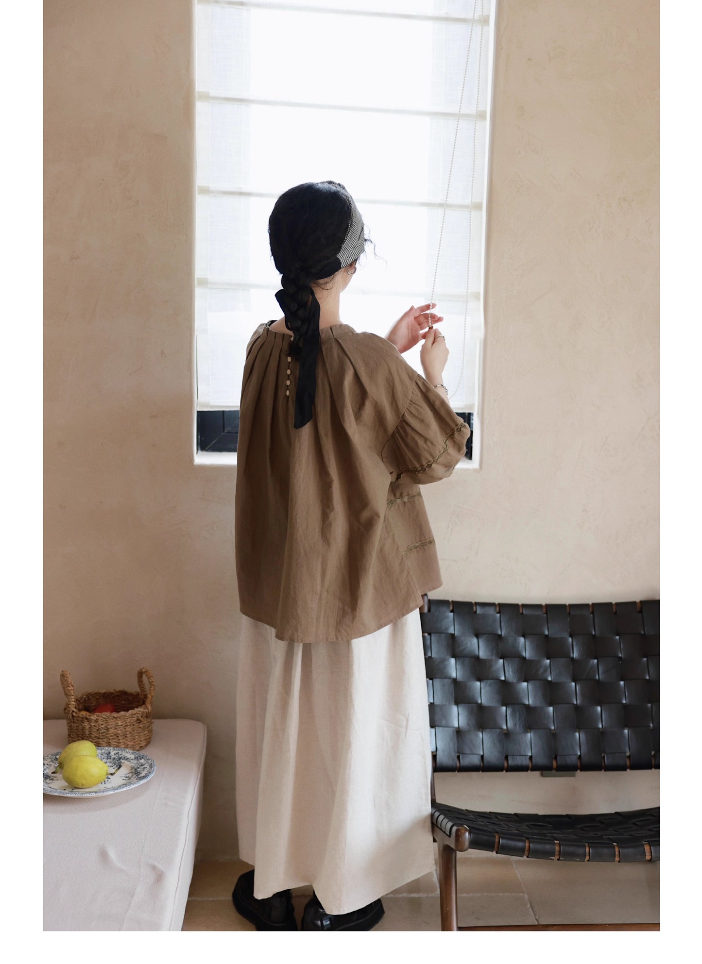 ◆ドロップショルダー プリーツ リネンコットン ブラウス◆