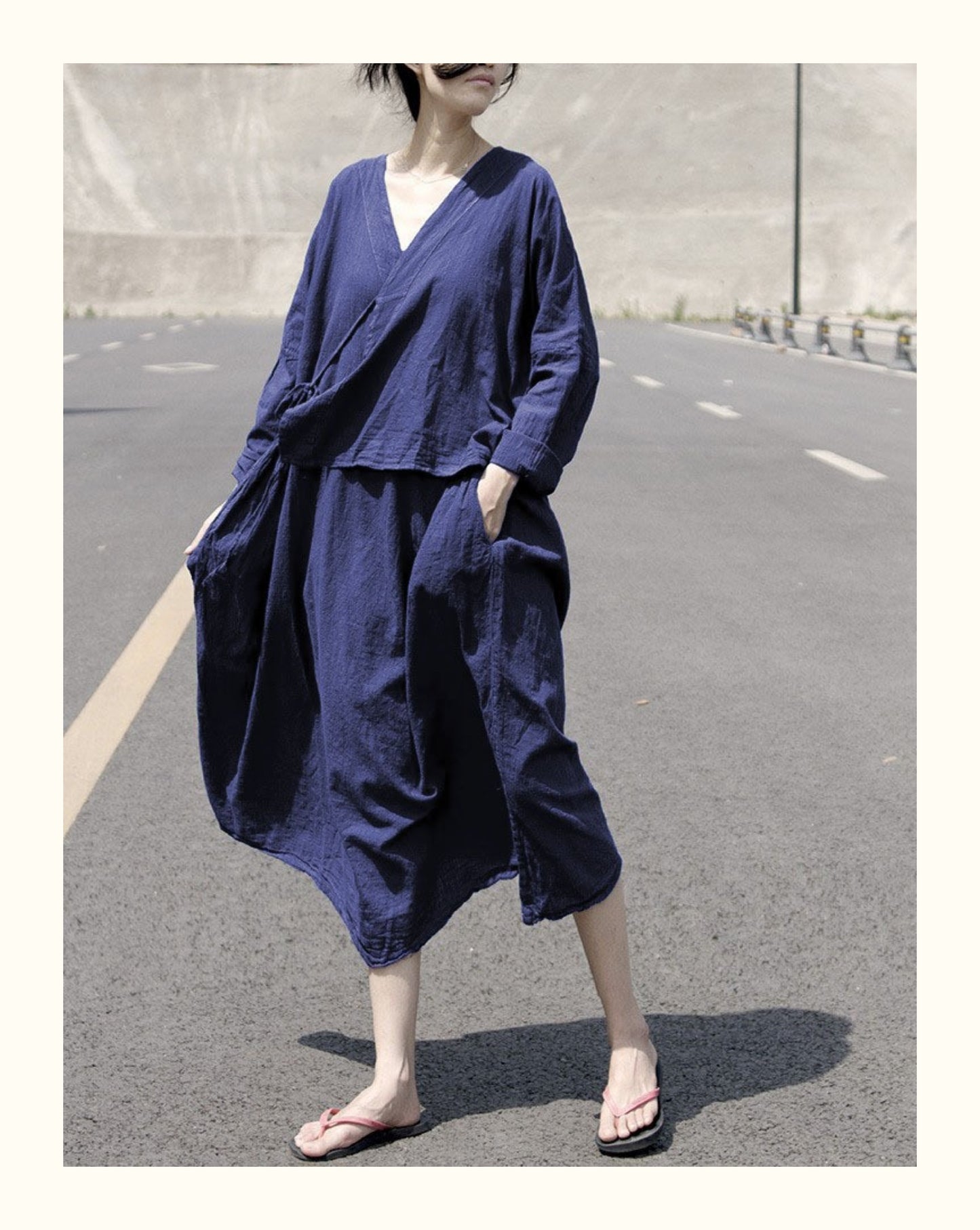 ◇リネンコットンドロップショルダーラップドレス◇