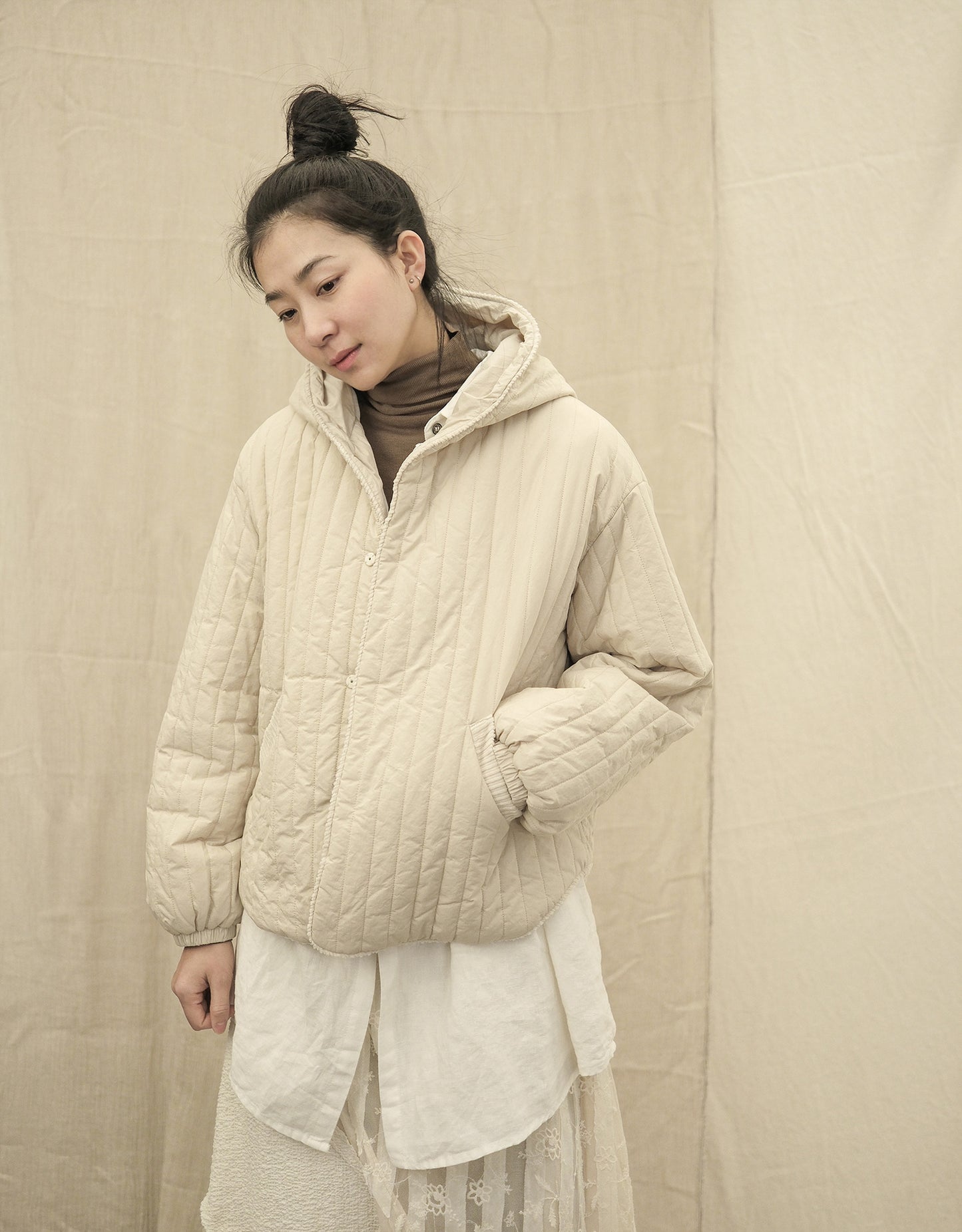 ◇ゆったり軽量 ドロップショルダー 中綿フードジャケット◇