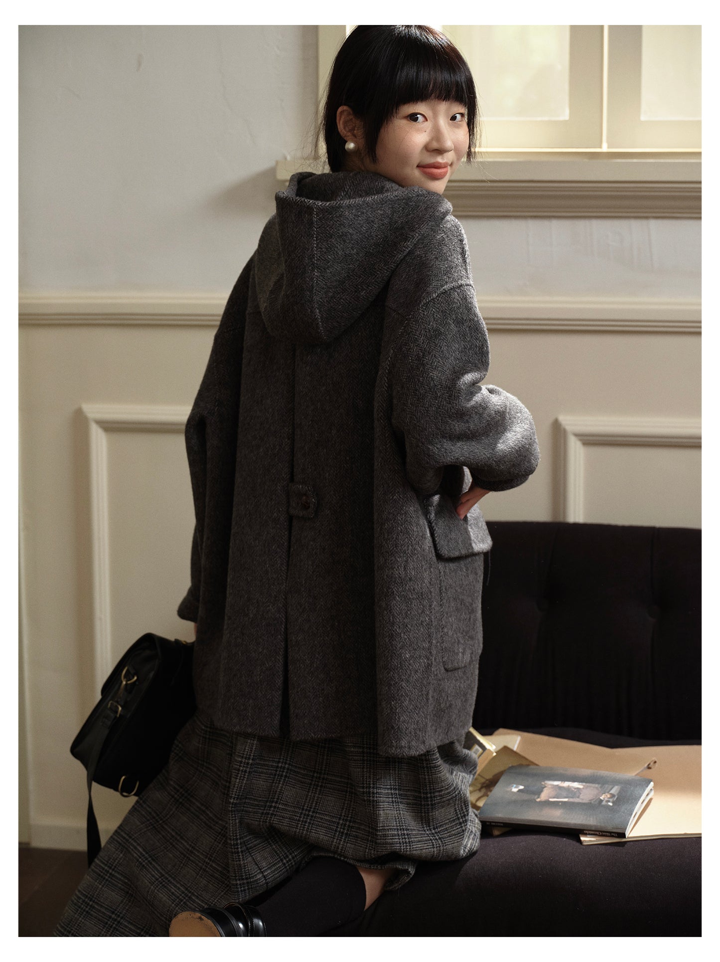 2色展開△ダブルフェイスウールヘリンボーン ドロップショルダー フーディーコート△