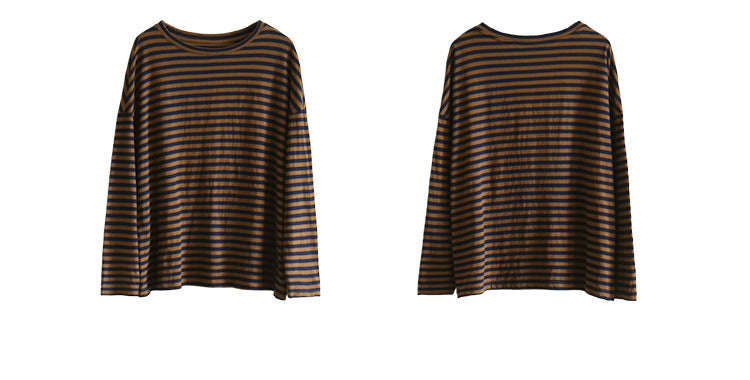 ◇ブラウン×ネイビーの好配色◇100%コットン ドロップショルダー長袖ボーダーTシャツ◇