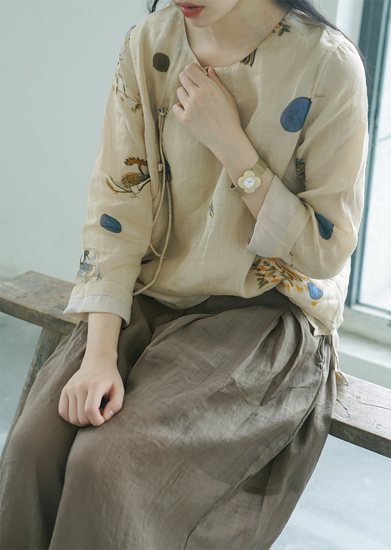 ◇水彩プリントが美しい ラミーノーカラーブラウス ◇