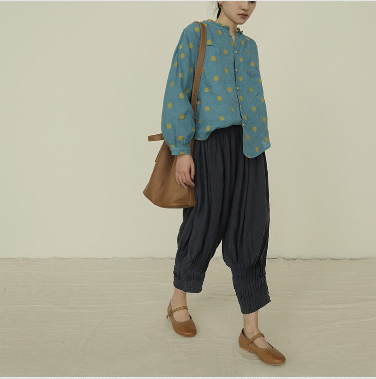 3色展開◇織り柄によるフラワー/ドット柄可愛い◇リネンフリルネック ドロップショルダーブラウス◇