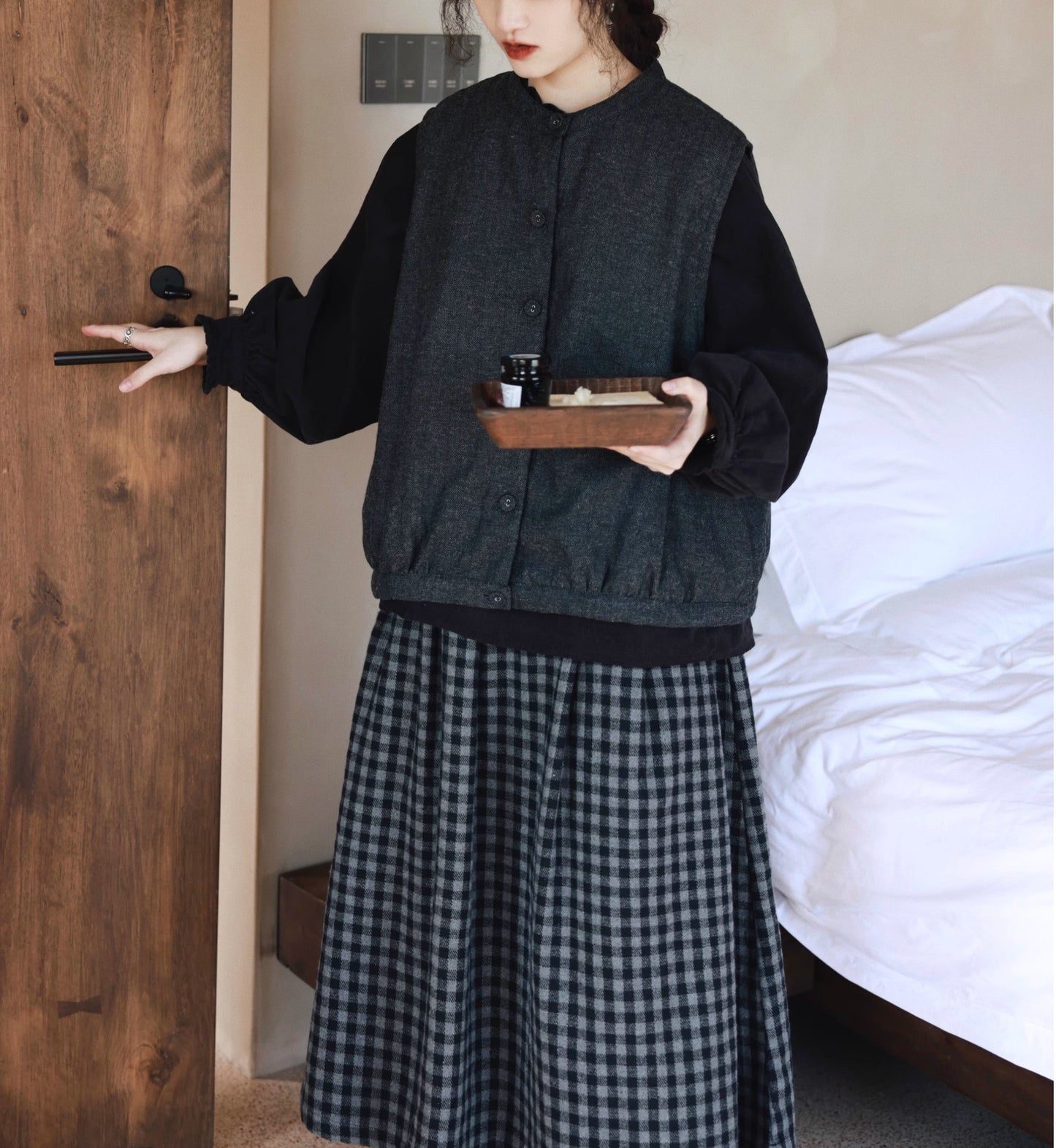 ◇保温性もあって秋冬に大活躍◇ゆったりシルエット スタンドカラー 中綿ヘリンボーンウール ベスト◇
