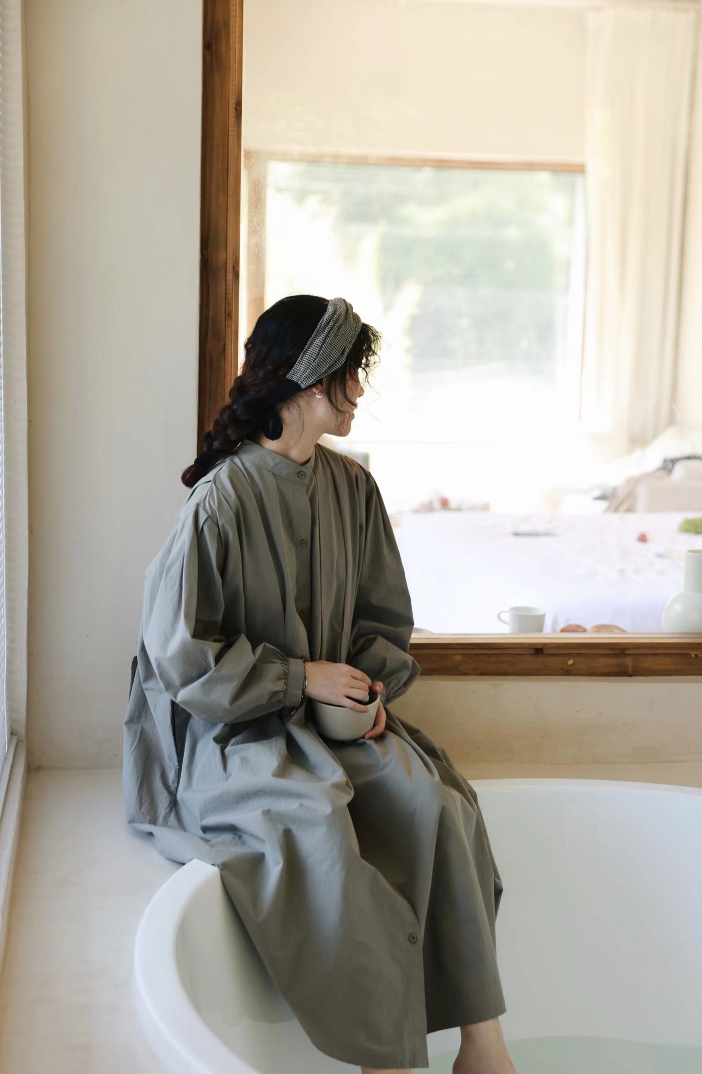 美しいタックデザイン△タイプライターコットン アンティークデザイン ロングスモック ワンピース△