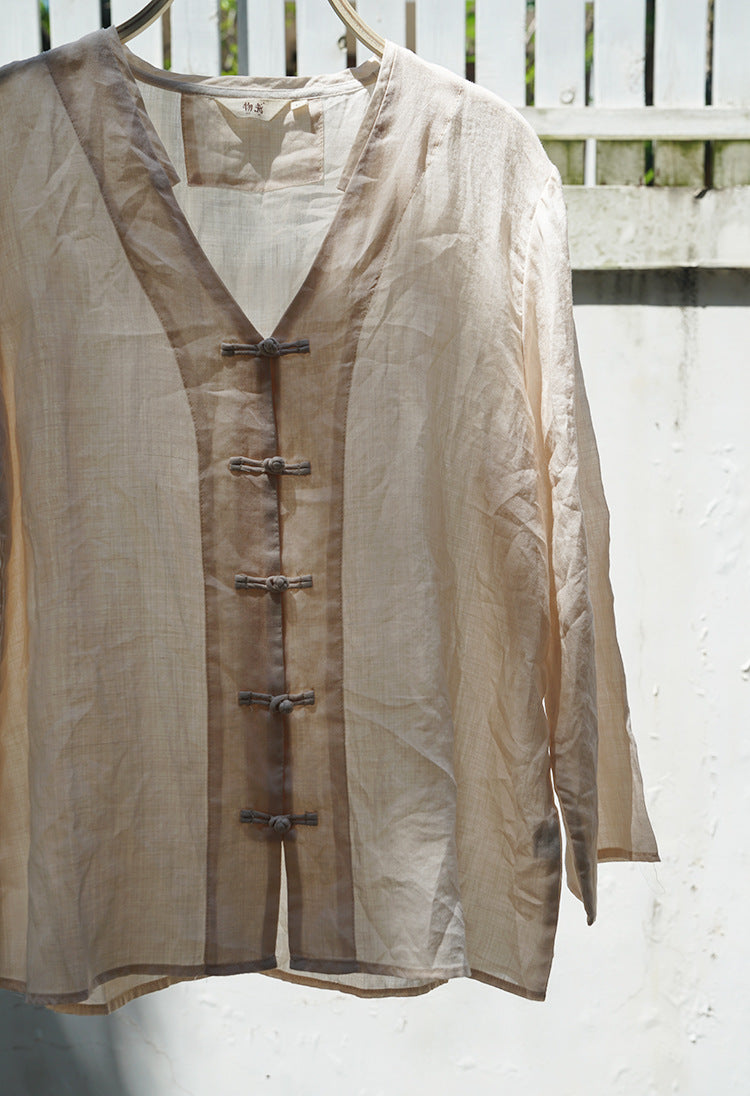 ◇上質ラミー使用 Vネック チャイナボタン長袖 ブラウス◇