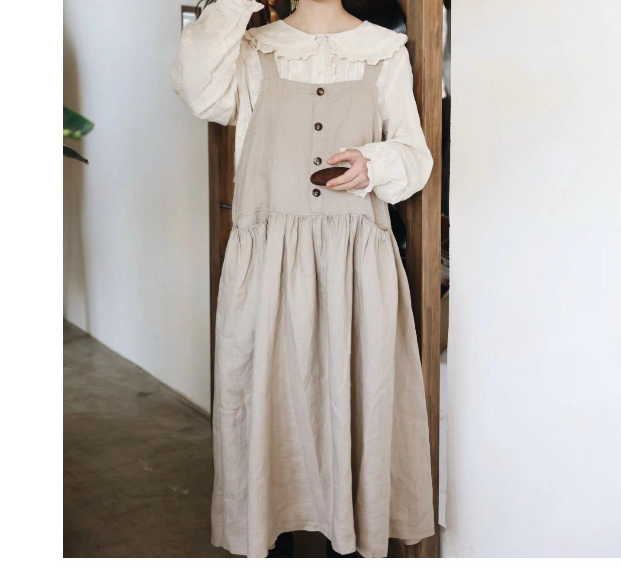 ウエストギャザー◇リネン ジャンパースカート ドレス◇
