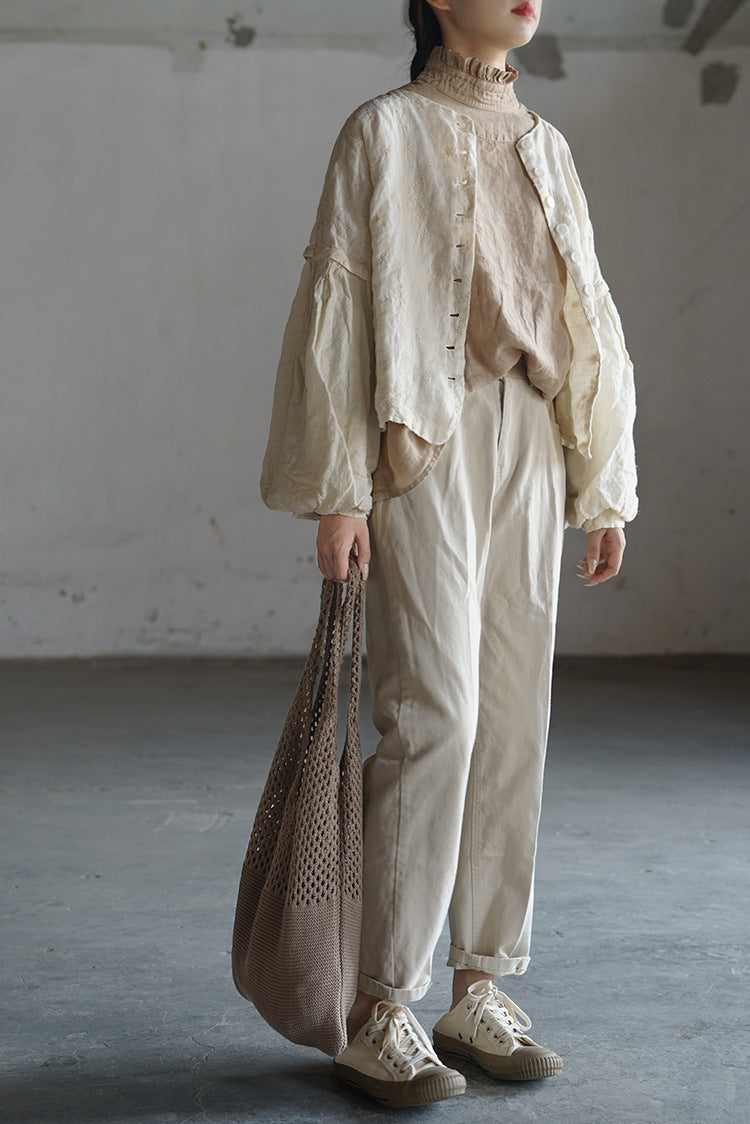 3色展開△ボタニック同色刺繍がエレガント▽リネンノーカラードロップショルダージャケット△裏地付き