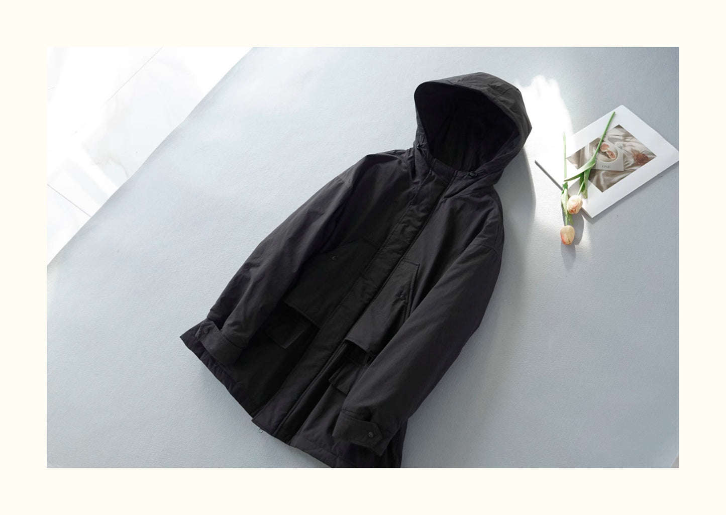 2色展開◇たっぷり中綿でばっちり防寒◇高密度コットン中綿 ドロップショルダー フーディーコート◇