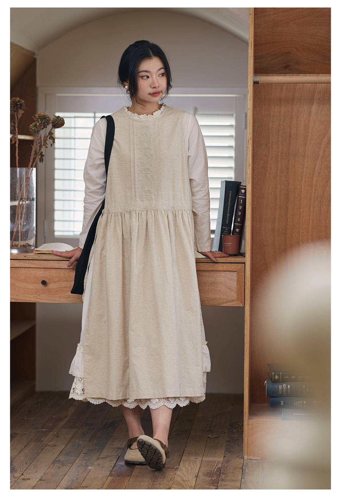 ◇ボタニック刺繍 ウエストギャザー リネンコットン ジャンスカ ワンピース◇