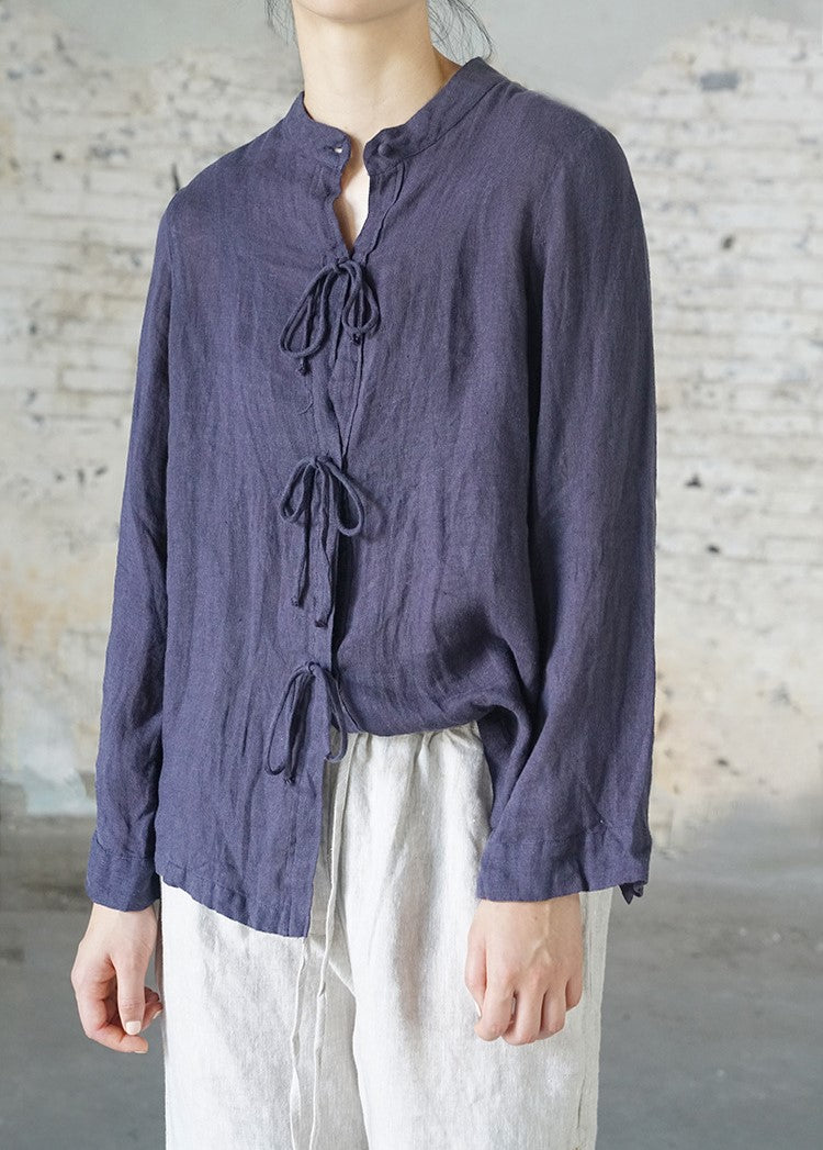 △リネン スタンドカラー ストリングス シャツ▽