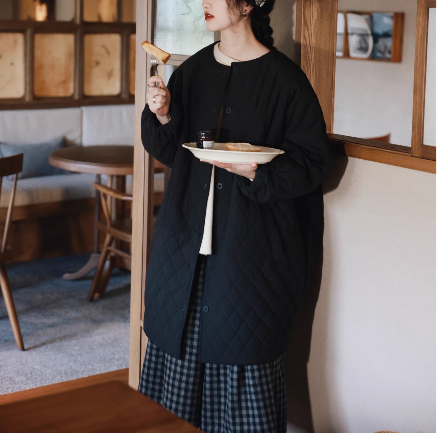 ◇保温性もあって秋冬に大活躍◇ドロップショルダー ノーカラー 中綿ライナー ロングコート◇