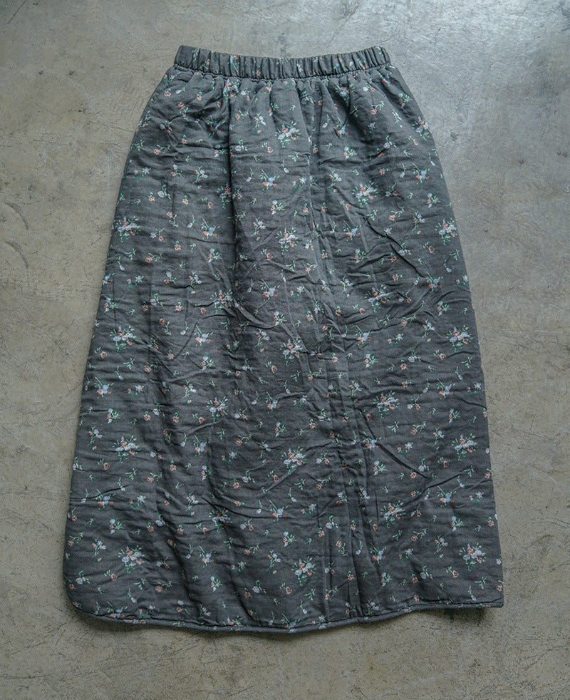 2色展開◇小花柄が可愛い◇ボタン装飾がポイントに◇秋冬用 ダブルフェイスコットン 中綿入り スカート◇