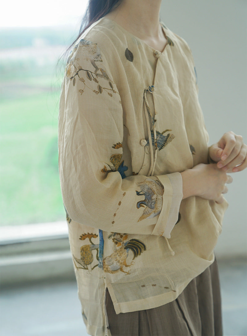 ◇水彩プリントが美しい ラミーノーカラーブラウス ◇