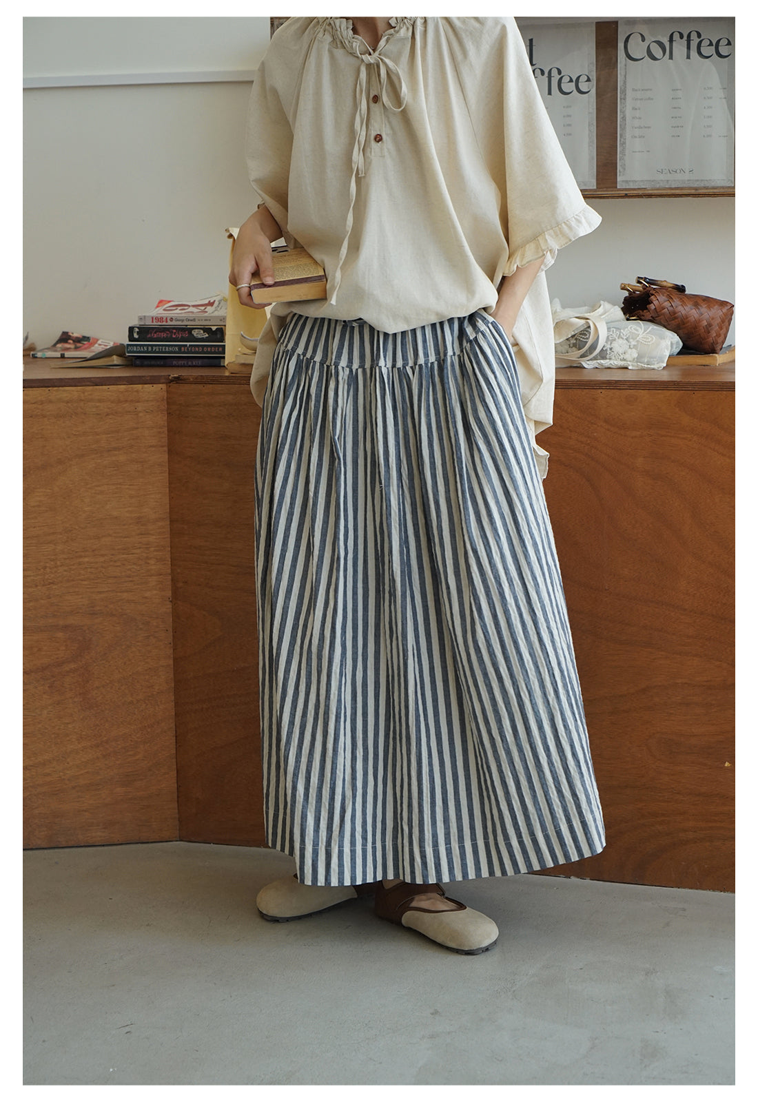 2色展開◇コットン ストライプ イージーロングスカート◇