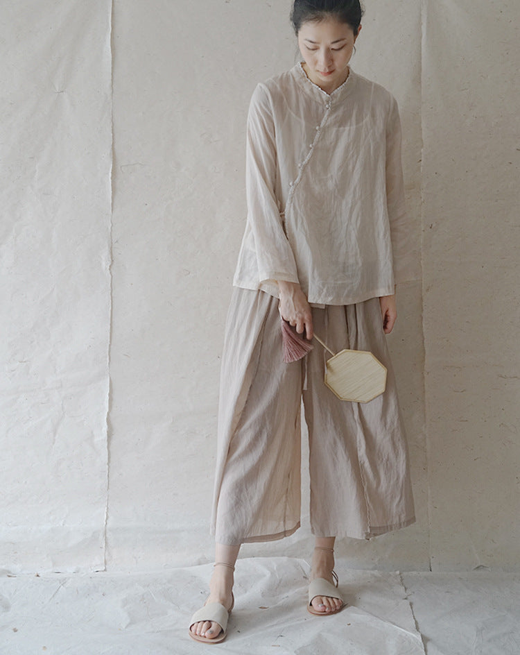 ◇控えめなフリルネックで品のあるシックなアジアンスタイル◇ラップラミーシャツ◇