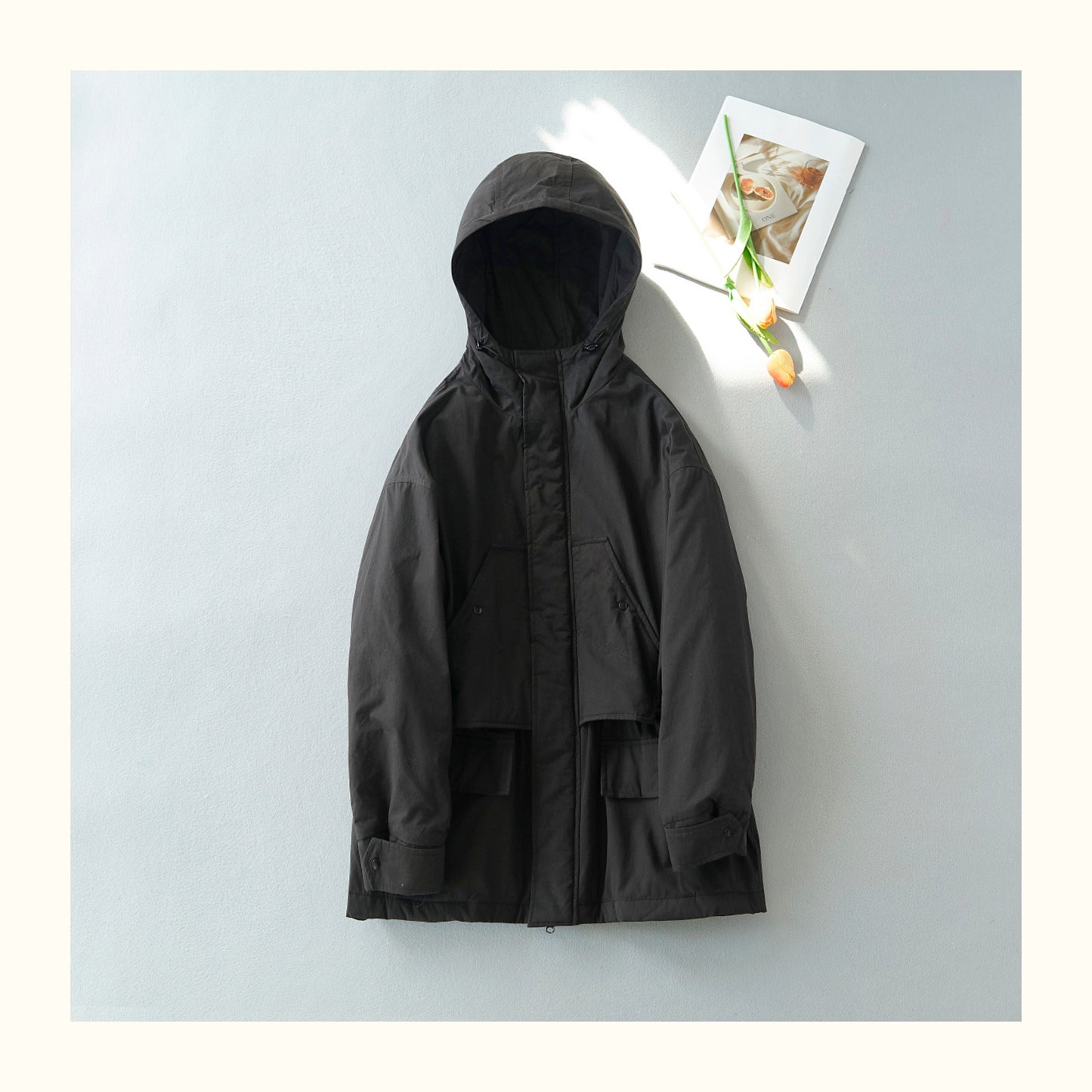 2色展開◇たっぷり中綿でばっちり防寒◇高密度コットン中綿 ドロップショルダー フーディーコート◇