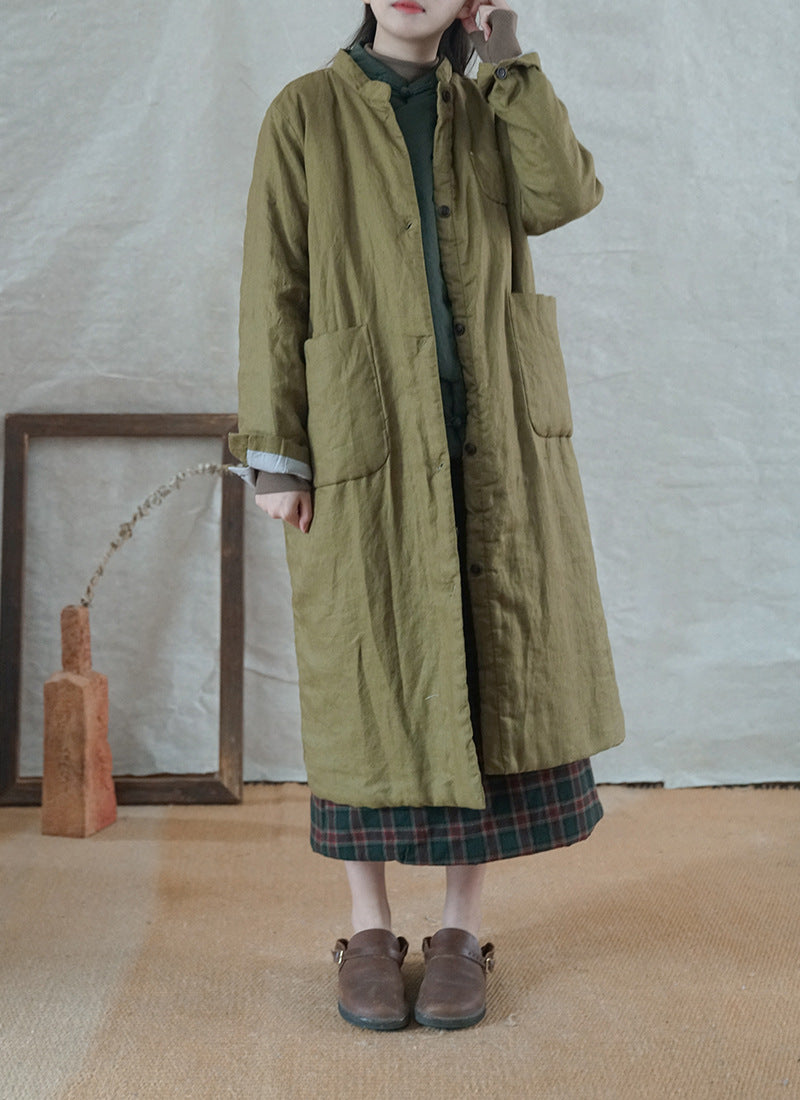 3色展開◇秋冬に大活躍◇スタンドカラー リネン中綿 ロングコート◇