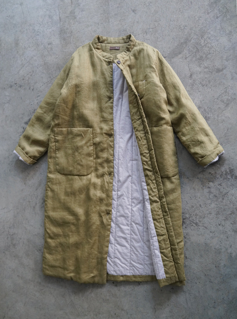 3色展開◇秋冬に大活躍◇スタンドカラー リネン中綿 ロングコート◇