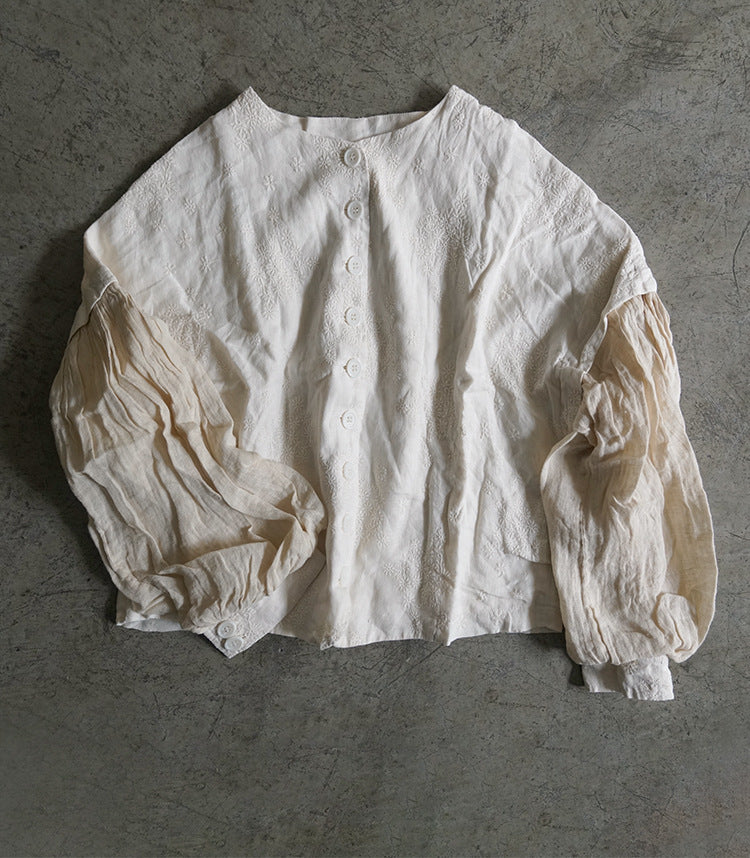 3色展開△ボタニック同色刺繍がエレガント▽リネンノーカラードロップショルダージャケット△裏地付き