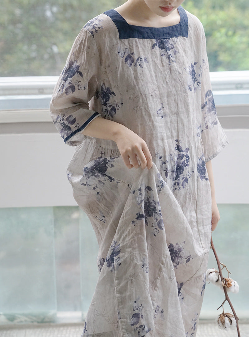 △夏らしい涼しげな花柄プリント スクエアネックが上品 ハーフスリーブ ロングワンピース▽