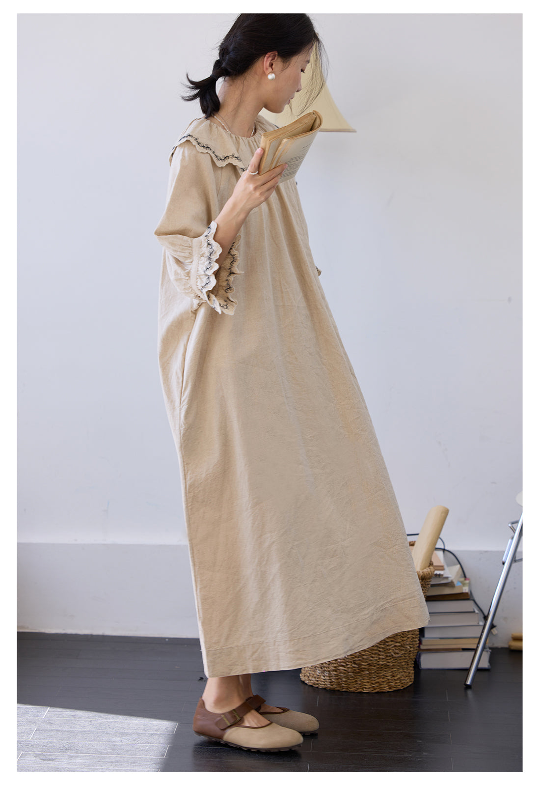 ◇繊細な刺繍がポイントに◇アンティークデザイン ゆったりシルエット リネンコットンドレス◇