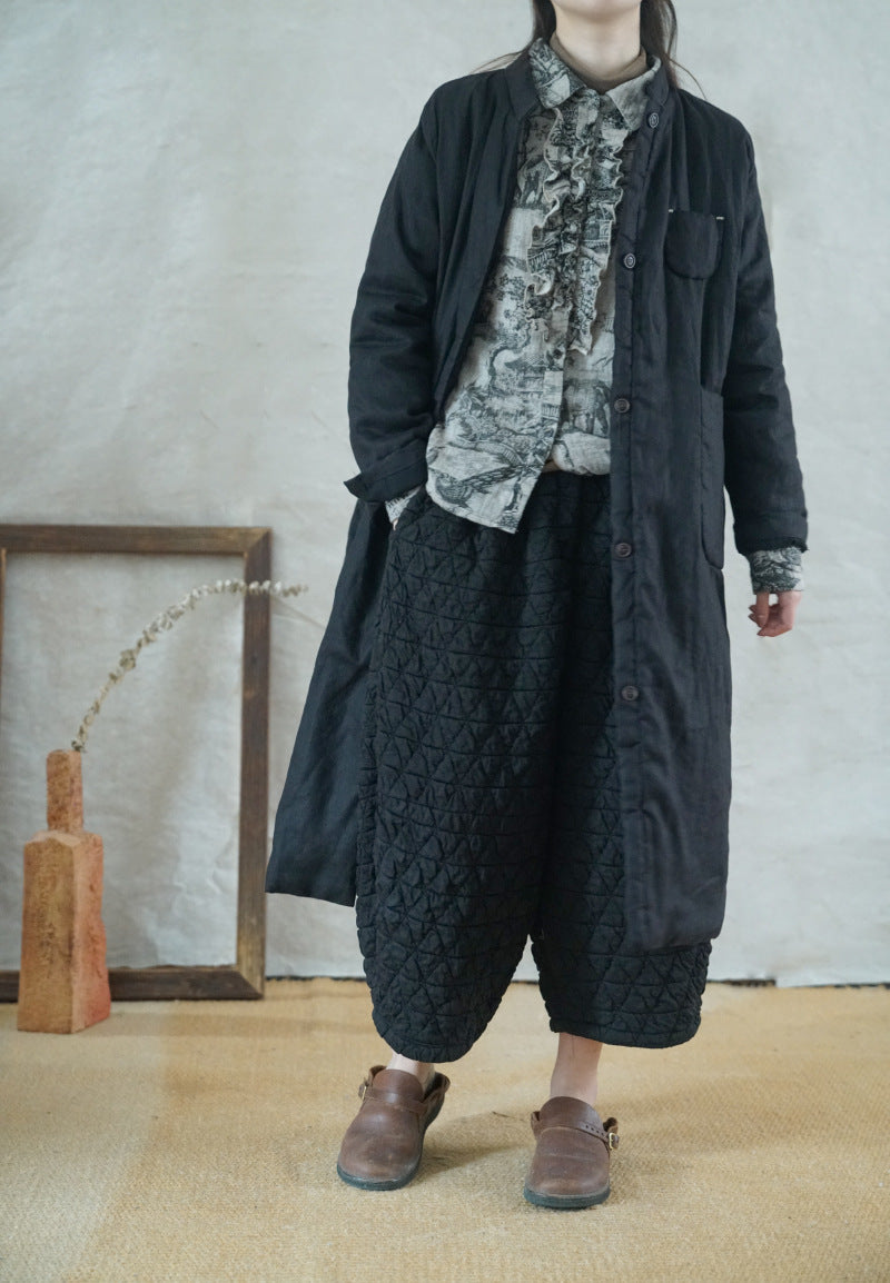 3色展開◇秋冬に大活躍◇スタンドカラー リネン中綿 ロングコート◇